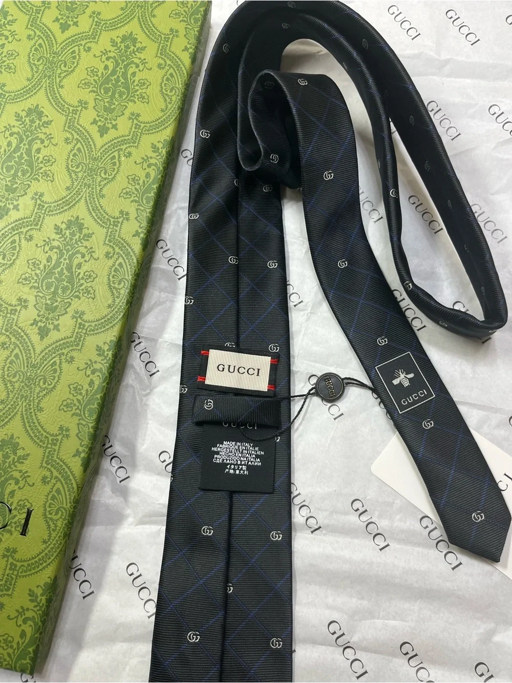 Gucci Black Silk Tie with Navy Windowpane and GG Motif
